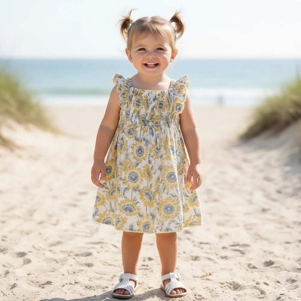 Tommy Bahama‎ Girls 3T Sunflower Dress Yellow Blue White Ruffle Summer floral